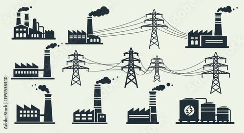 Silhouette Illustration of Industrial Plants and Power Transmission Towers.