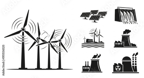 Diverse Energy Sources - Wind Turbines, Solar Panels, Hydroelectric Dams, and Industrial Power Plants.