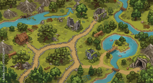 Fantasy RPG game map vector illustration with medieval ruins, wooden house, forest, rivers, and mountains for adventure design