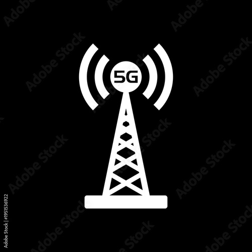 5G antenna tower transmitter icon isolated on black background