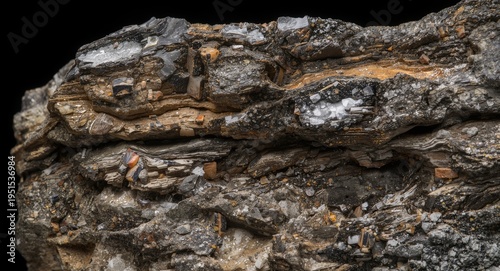 Detailed close up of gneiss rock with distinct layers and rich mineral texture on dark background