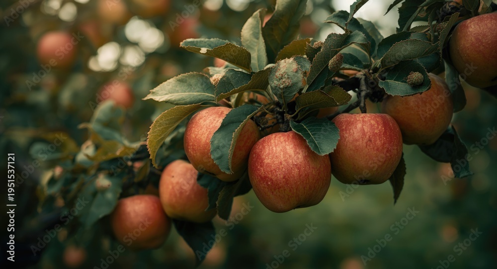 Obraz premium Ripe apple tree displaying fruit abundance shaped by climate change for picking season