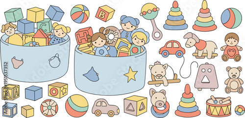 Cartoon Baby Toys Collection with Toy Baskets Blocks Teddy Bears Stacking Rings Cars and Playroom Objects for Kids Vector Illustration