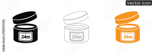 Vector icons of 24 hour moisturizing cream jars in black, line art, and orange on white background for beauty and skincare concepts