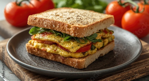 Fresh vegetable omelette sandwich with ripe tomatoes on soft white bread bun