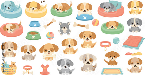 Cute Cartoon Puppy Collection with Dogs Beds Toys Bones Collars Bowls and Pet Care Accessories for Animal Vector Illustration