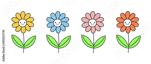 Cheerful daisy flower character set with a cute smiling face for children's projects. Simple friendly floral illustration perfect for educational materials and nursery decor.