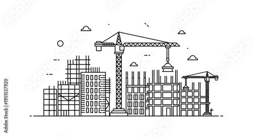 Construction site with cranes and buildings under development, urban landscape.