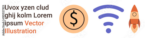 Finance, technology, entrepreneurship, innovation, wireless networks, startup ventures. Circular dollar symbol, wireless icon and rocket. Finance and technology intertwined concept showing progress