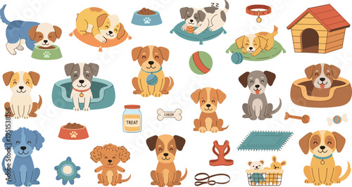 Cute Cartoon Puppy Collection with Dogs Beds Bowls Toys Treats Collars and Pet Accessories for Animal Care Vector Illustration