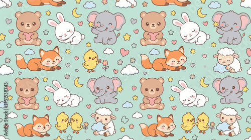 Adorable seamless repeating pattern featuring cute baby animals like bunnies, elephants, bears, foxes, chicks, and sheep, perfect for charming designs