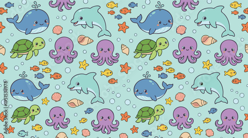 Whimsical Underwater World Adorable Dolphins, Whales, Octopuses, and Turtles in a Seamless Cartoon Pattern