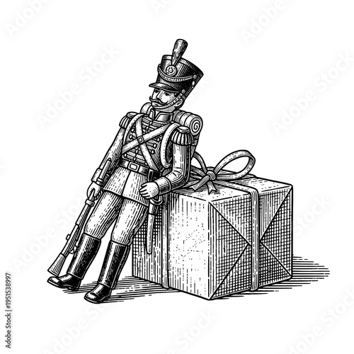Vintage Engraving of a Toy Soldier Leaning on a Christmas Gift Box