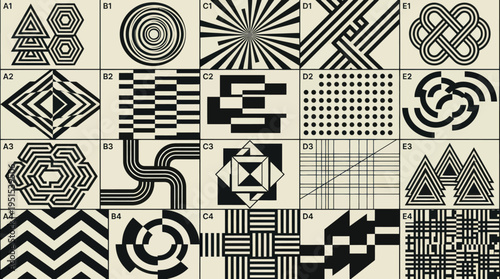 Abstract geometric patterns in black and white optical illusions.