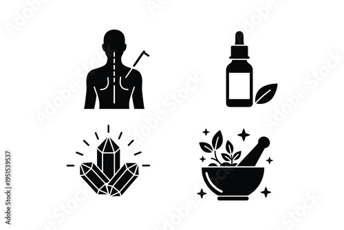 Holistic medicine black glyph icons set - Alternative therapy icon collection acupuncture and crystals