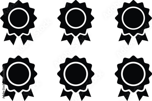 Black award badge ribbon icons set isolated on white background, quality guarantee certification symbols for achievement, premium product label and excellence emblem design