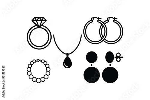 Jewelry icon set black line art collection - Fashion accessories outline icons ring necklace earrings