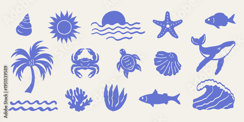 Hand-drawn naive blue vector silhouettes depict ocean life beach elements:shell,sun,waves,starfish,fish,palm,crab,turtle,scallop,whale,coral,seaweed. Vignetting set for summer designs,t-shirts,posters