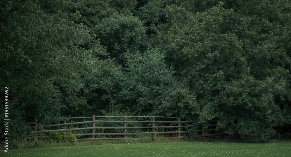 Obraz premium gentle natural setting with dense trees and a weathered wooden fence