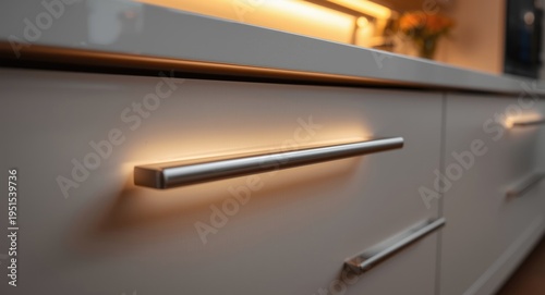 Sleek modern kitchen drawer handle shining under warm LED lights on elegant countertop