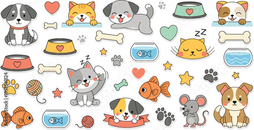 Cute Cartoon Pet Icon Collection with Puppies Kittens Fish Mice Paw Prints Bowls Bones and Animal Accessories for Vector Design