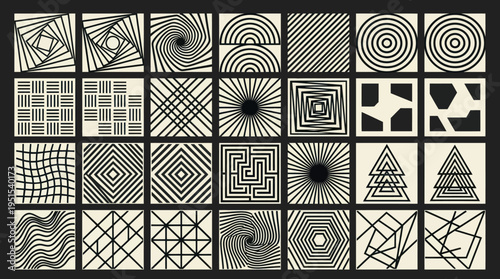 Abstract geometric patterns with optical illusions and diverse shapes.