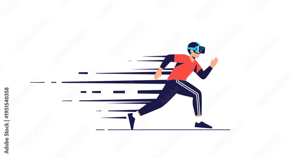Fototapeta premium Man running with VR headset, virtual reality gaming, futuristic technology, speed, motion blur, digital entertainment, active lifestyle