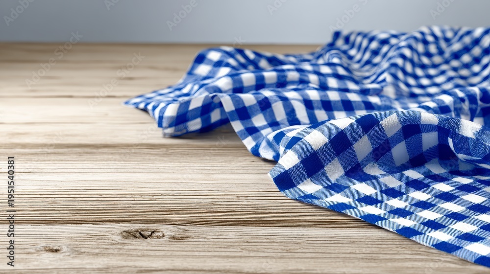 Obraz premium Close-up of blue and white checkered cloth on light wooden surface showing rustic texture, elegant folds, dining table decor, cozy home interior, kitchen styling, farmhouse concept