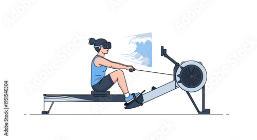 Immersive virtual reality fitness: Woman in VR headset rowing on an ergometer, visualizing ocean waves for a modern workout experience.