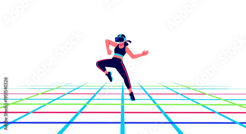 Woman dancing in virtual reality, wearing VR headset and activewear, futuristic digital grid floor