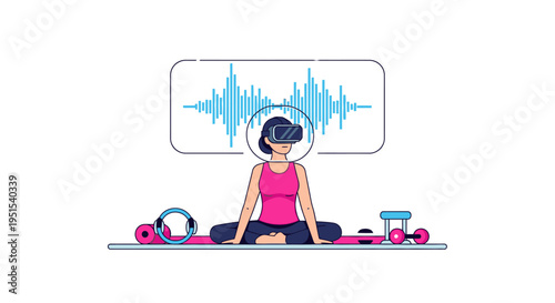 Woman wearing VR headset meditating on yoga mat with fitness equipment and sound waves graphic