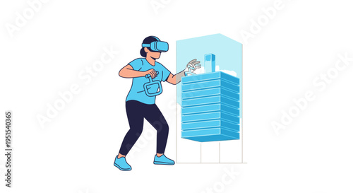 Woman wearing VR headset and gloves interacts with a futuristic digital building in a virtual reality environment