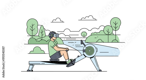 Man wearing VR headset rowing machine in virtual nature landscape, futuristic fitness and technology concept