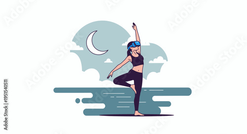 Woman practicing yoga in VR headset under the moon, virtual reality meditation and wellness