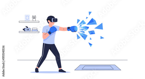 Person in VR headset and boxing gloves training in virtual reality, experiencing interactive digital fitness and gaming at home with dynamic effects.