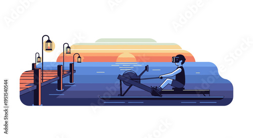 Immersive virtual reality rowing workout at sunset, a futuristic digital fitness experience on a serene waterfront pier with lanterns.