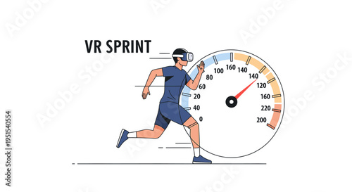 Man in VR headset sprinting with a speedometer indicating high speed, representing virtual reality gaming, fitness, and advanced digital performance.