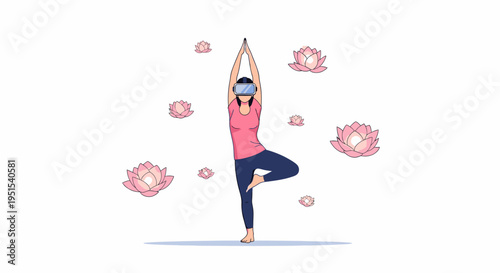 Immersive VR yoga experience: Woman in tree pose wearing a virtual reality headset, surrounded by serene pink lotus flowers for digital mindfulness.