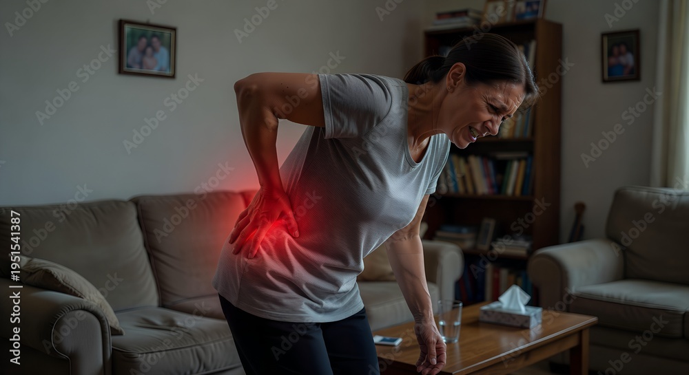 Fototapeta premium Man holding lower back in pain at home, back injury concept