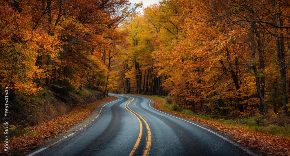 Naklejka premium Picturesque autumn road twisting through fiery orange and yellow tree canopy