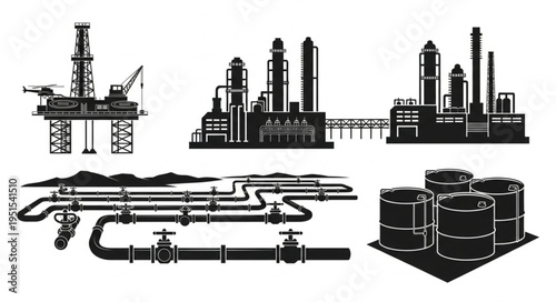 Oil and Gas Industry Infrastructure - Offshore Platform, Refinery, Pipelines, and Storage Tanks.