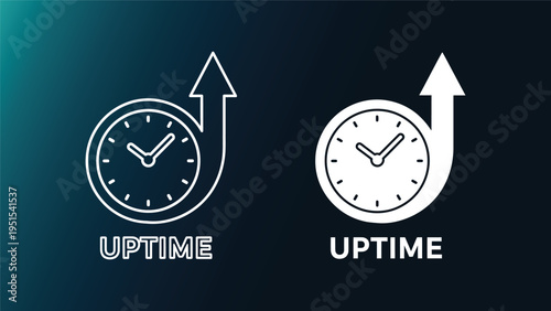 Uptime concept with two clocks and arrows on dark background symbolizing increased availability and efficiency in business and technology