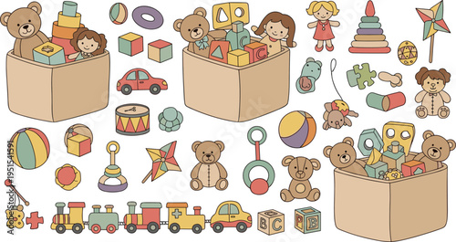 Cartoon Toy Box Collection with Teddy Bears Blocks Trains Stacking Rings Balls and Playroom Objects for Kids Vector Illustration
