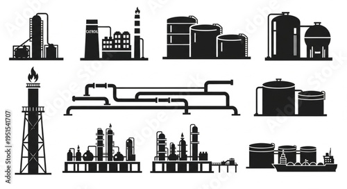 Silhouetted Oil and Gas Industry Infrastructure - A Vector Illustration.