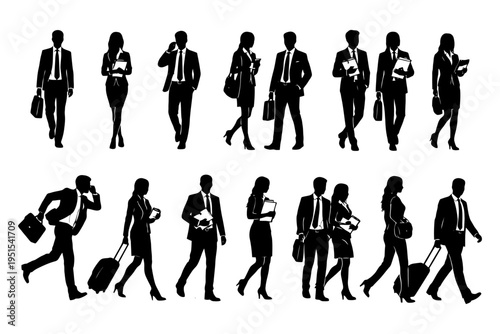 Diverse business professionals silhouettes collection walking with briefcases and luggage.