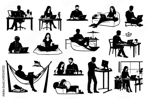 Diverse people working remotely on laptops in various settings.