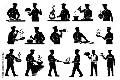 Silhouette collection of chefs cooking and serving in various poses.