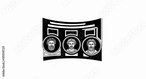 Ancient busts in circular frames under a curved structure