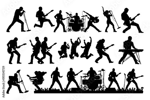 Silhouettes of rock band performing live with musicians playing instruments.
