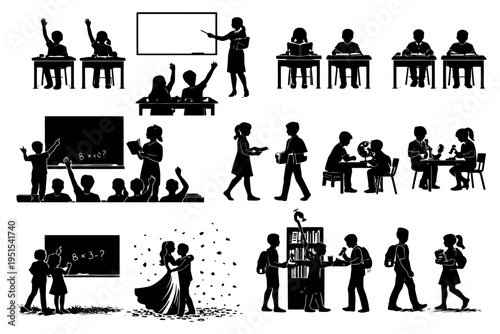 Silhouettes of classroom, dance, and library scenes with diverse students and teachers.